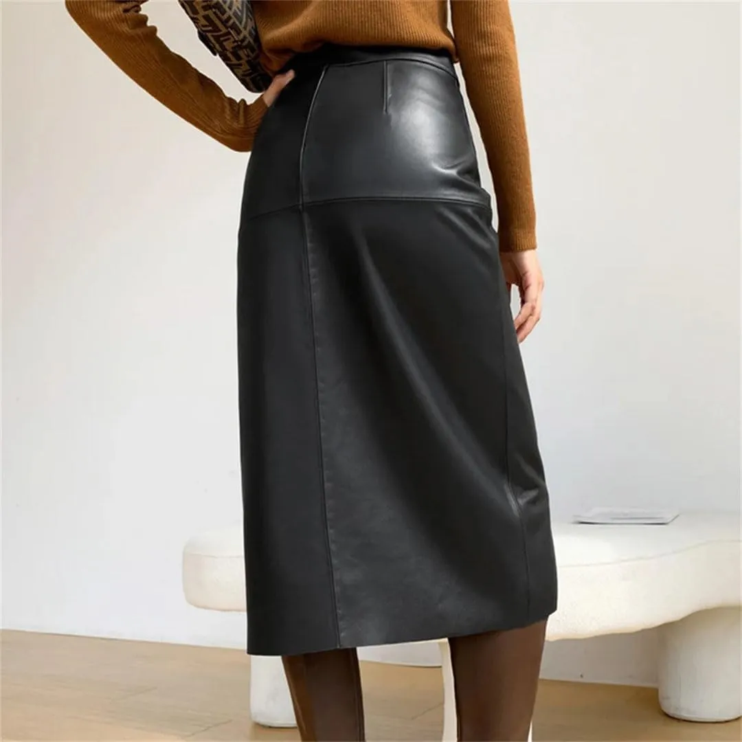 Pulcykp Women Leather Pencil Midi Skirt Wrap Front Slit Slim Sexy Long Skirt Soild High Waist Office Skirt