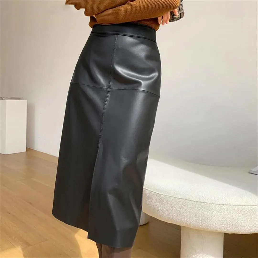 Pulcykp Women Leather Pencil Midi Skirt Wrap Front Slit Slim Sexy Long Skirt Soild High Waist Office Skirt