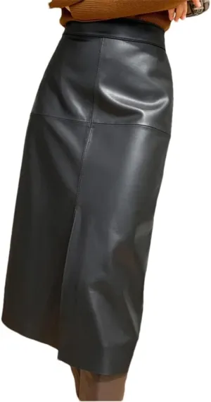 Pulcykp Women Leather Pencil Midi Skirt Wrap Front Slit Slim Sexy Long Skirt Soild High Waist Office Skirt