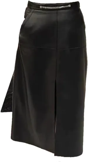 Pulcykp Women Leather Slit Wrapped Skirt High Waist Solid Midi Skirt Bodycon Sexy Skirt