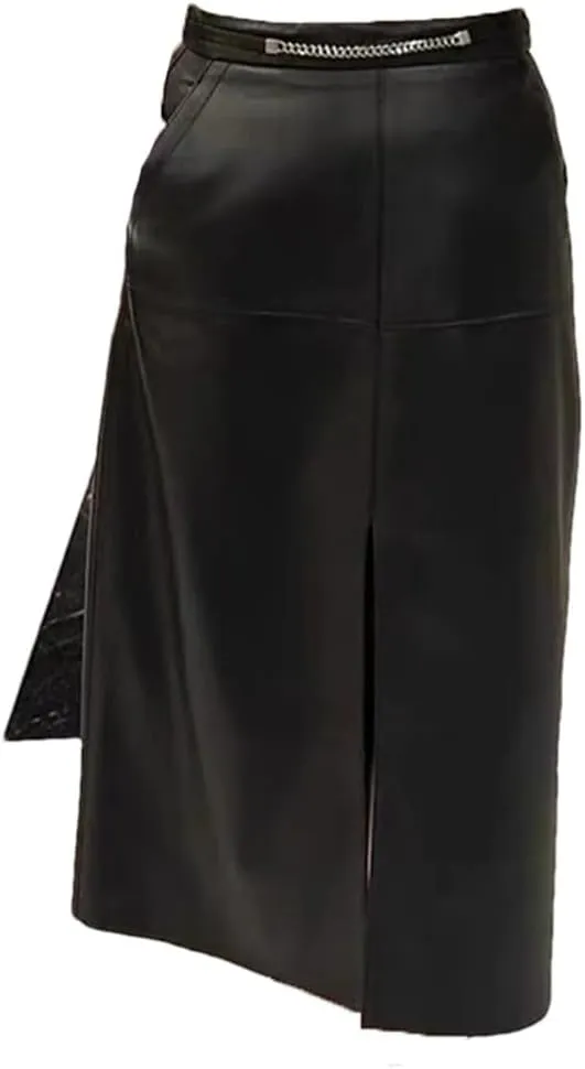 Pulcykp Women Leather Slit Wrapped Skirt High Waist Solid Midi Skirt Bodycon Sexy Skirt