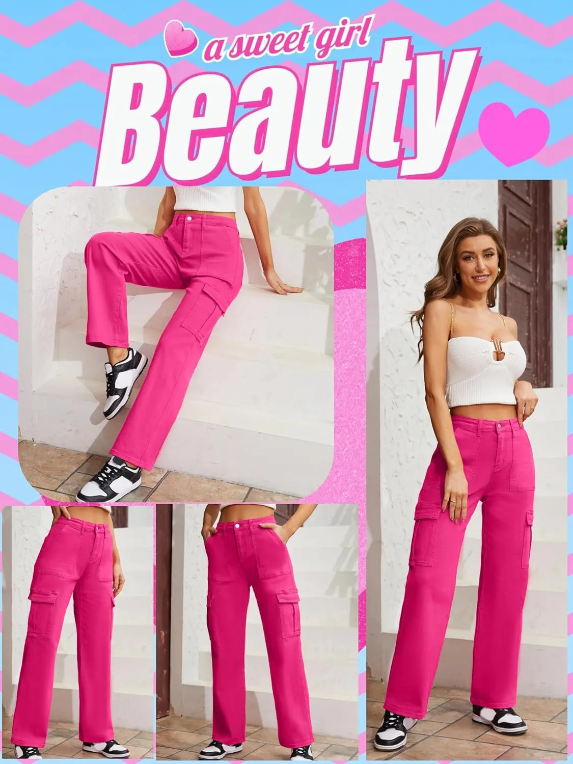 QYANGG High Waist Stretch Cargo Pants Women Baggy Multiple Pockets Relaxed Fit Straight Wide Leg Y2K Pants
