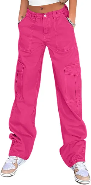 QYANGG High Waist Stretch Cargo Pants Women Baggy Multiple Pockets Relaxed Fit Straight Wide Leg Y2K Pants