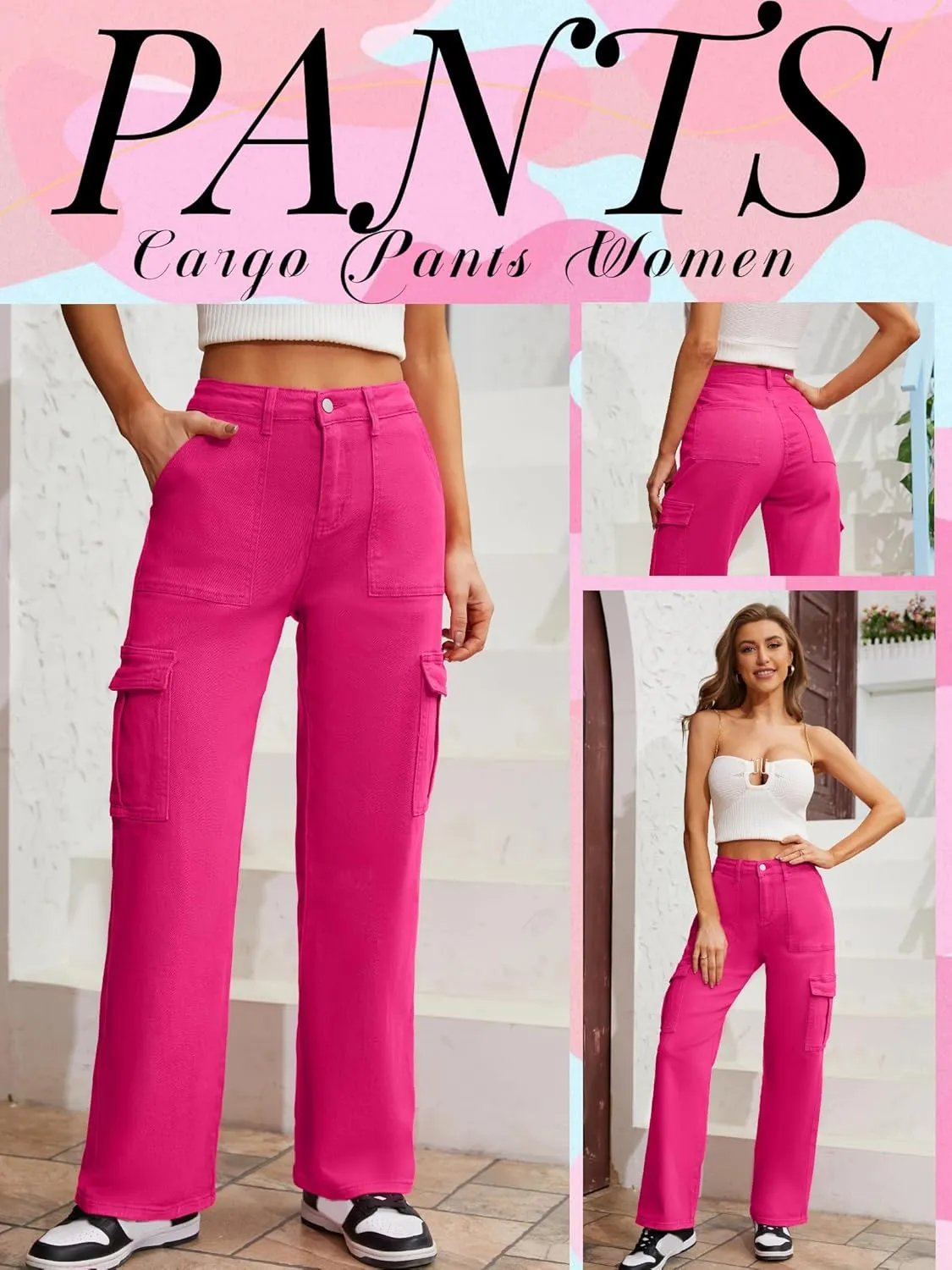 QYANGG High Waist Stretch Cargo Pants Women Baggy Multiple Pockets Relaxed Fit Straight Wide Leg Y2K Pants