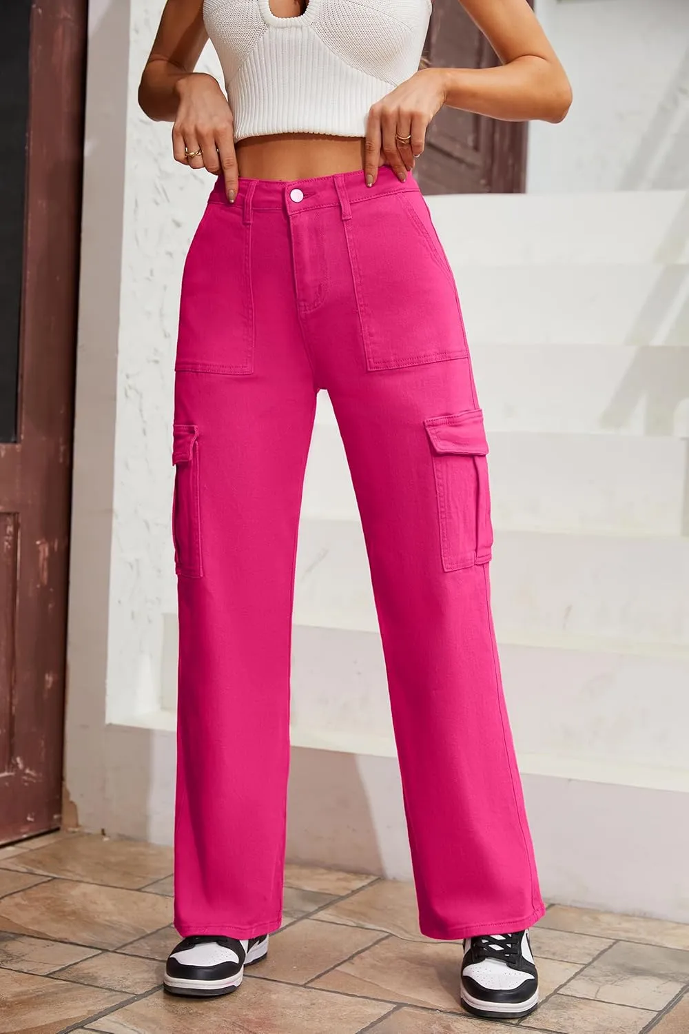 QYANGG High Waist Stretch Cargo Pants Women Baggy Multiple Pockets Relaxed Fit Straight Wide Leg Y2K Pants