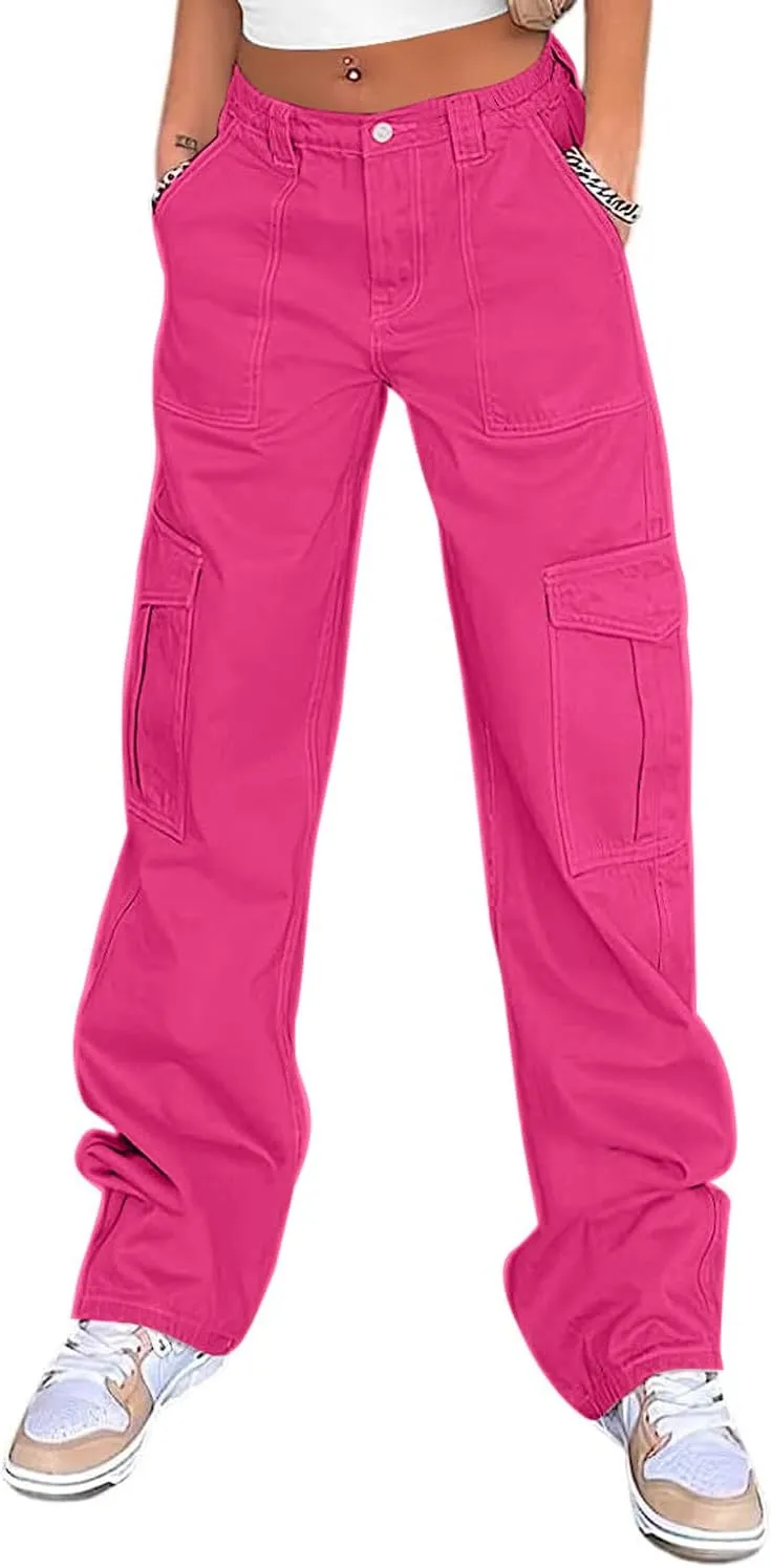 QYANGG High Waist Stretch Cargo Pants Women Baggy Multiple Pockets Relaxed Fit Straight Wide Leg Y2K Pants