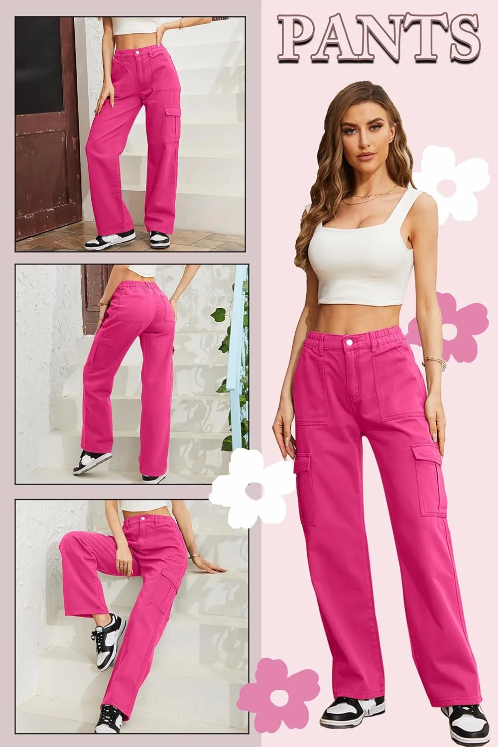 QYANGG High Waist Stretch Cargo Pants Women Baggy Multiple Pockets Relaxed Fit Straight Wide Leg Y2K Pants