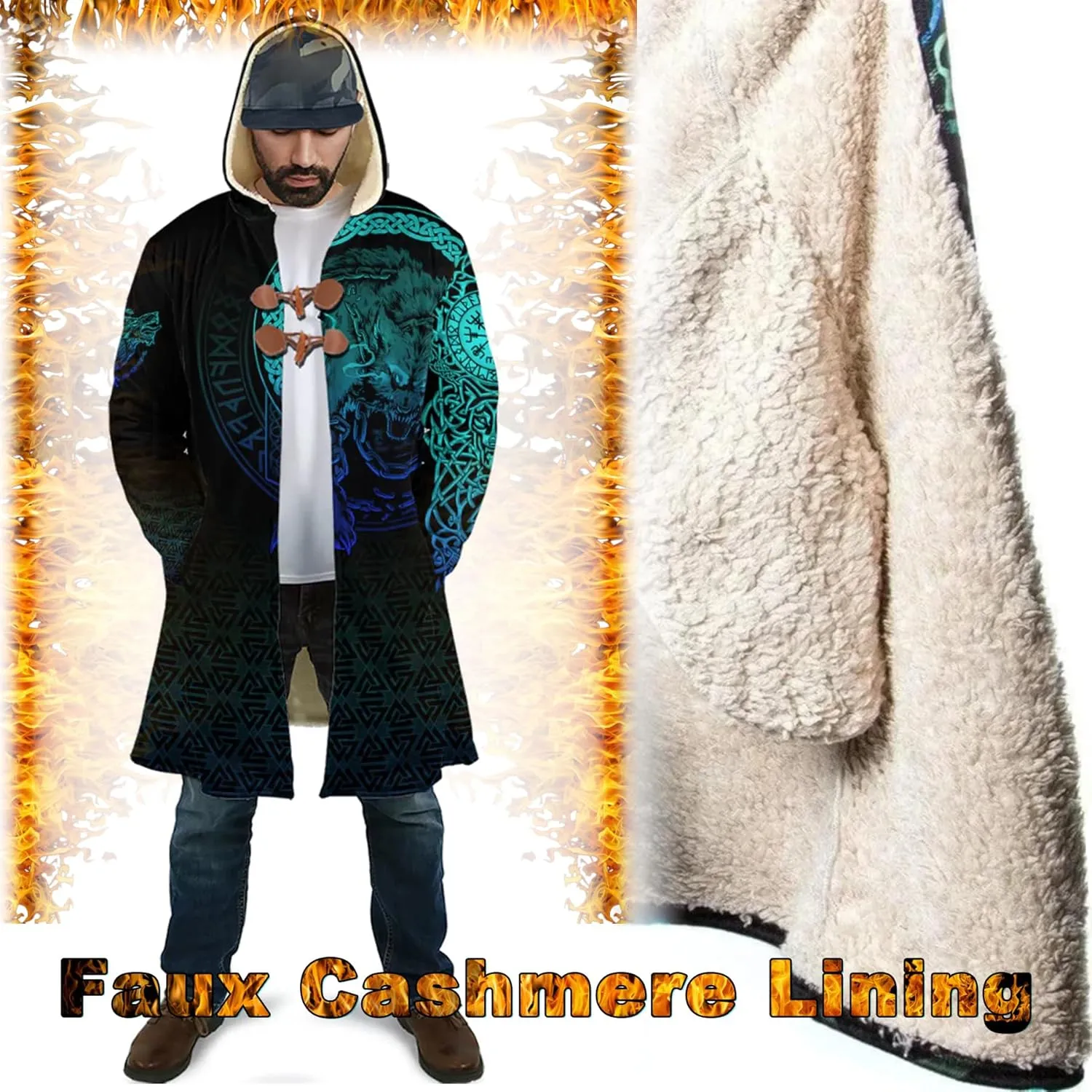 Ragnarok Fenrir Wolf Men's Winter Lightweight Warm Coats with Hood Viking Cloak Oversized Casual Couple Robe Costume