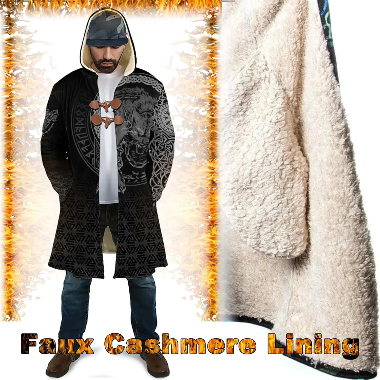 Ragnarok Fenrir Wolf Men's Winter Lightweight Warm Coats with Hood Viking Cloak Oversized Casual Couple Robe Costume