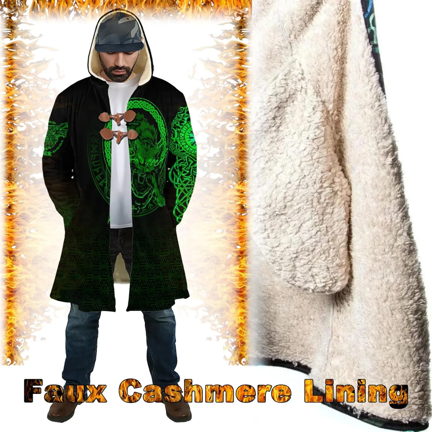 Ragnarok Fenrir Wolf Men's Winter Lightweight Warm Coats with Hood Viking Cloak Oversized Casual Couple Robe Costume