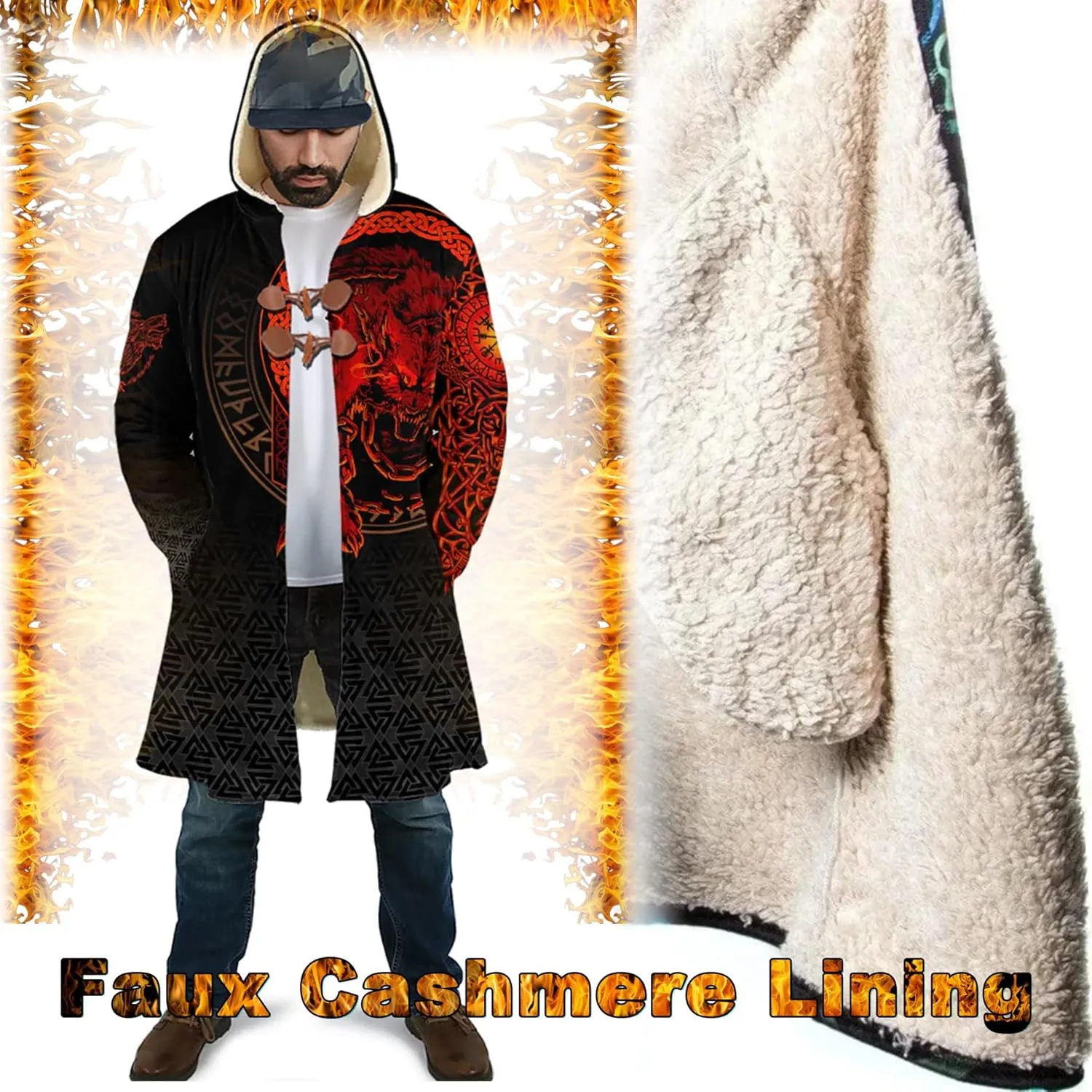 Ragnarok Fenrir Wolf Men's Winter Lightweight Warm Coats with Hood Viking Cloak Oversized Casual Couple Robe Costume