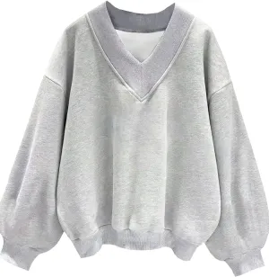 Remidoo Women's V Neck Oversized Long Sleeve Pullover Sweatshirt Drop Shoulder Loose Top