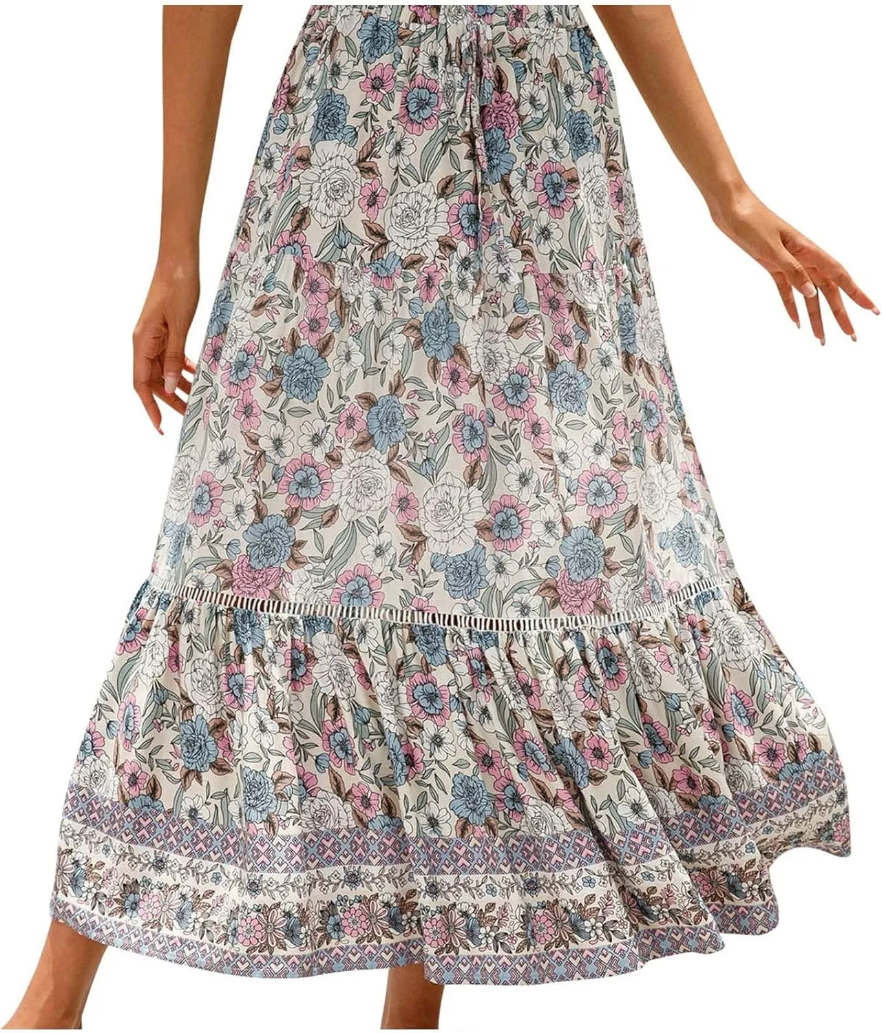 Ruziyoog Womens Boho Floral Print Summer Dress Maxi Skirt High Waisted Flowy Tiered Skirt Vacation Beach Swing A-Line Skirts