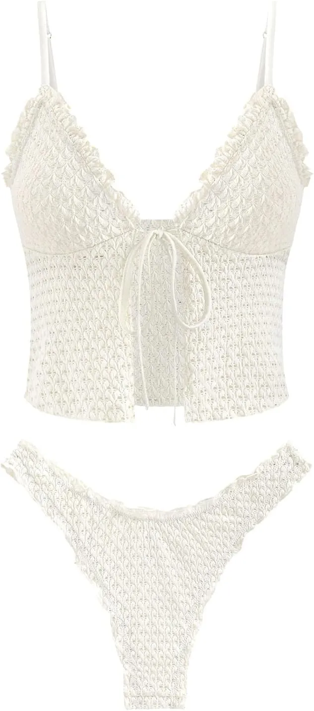 seamoly Gingham Bowknot Decor Smocked Ruffles Tie Front Tankini Set