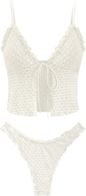 seamoly Gingham Bowknot Decor Smocked Ruffles Tie Front Tankini Set
