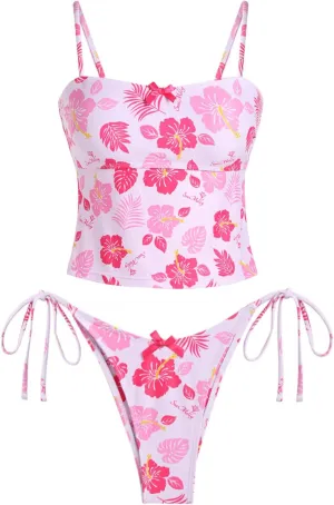 seamoly Gingham Cinched Back Bow Decor Tie Side Tankini Set