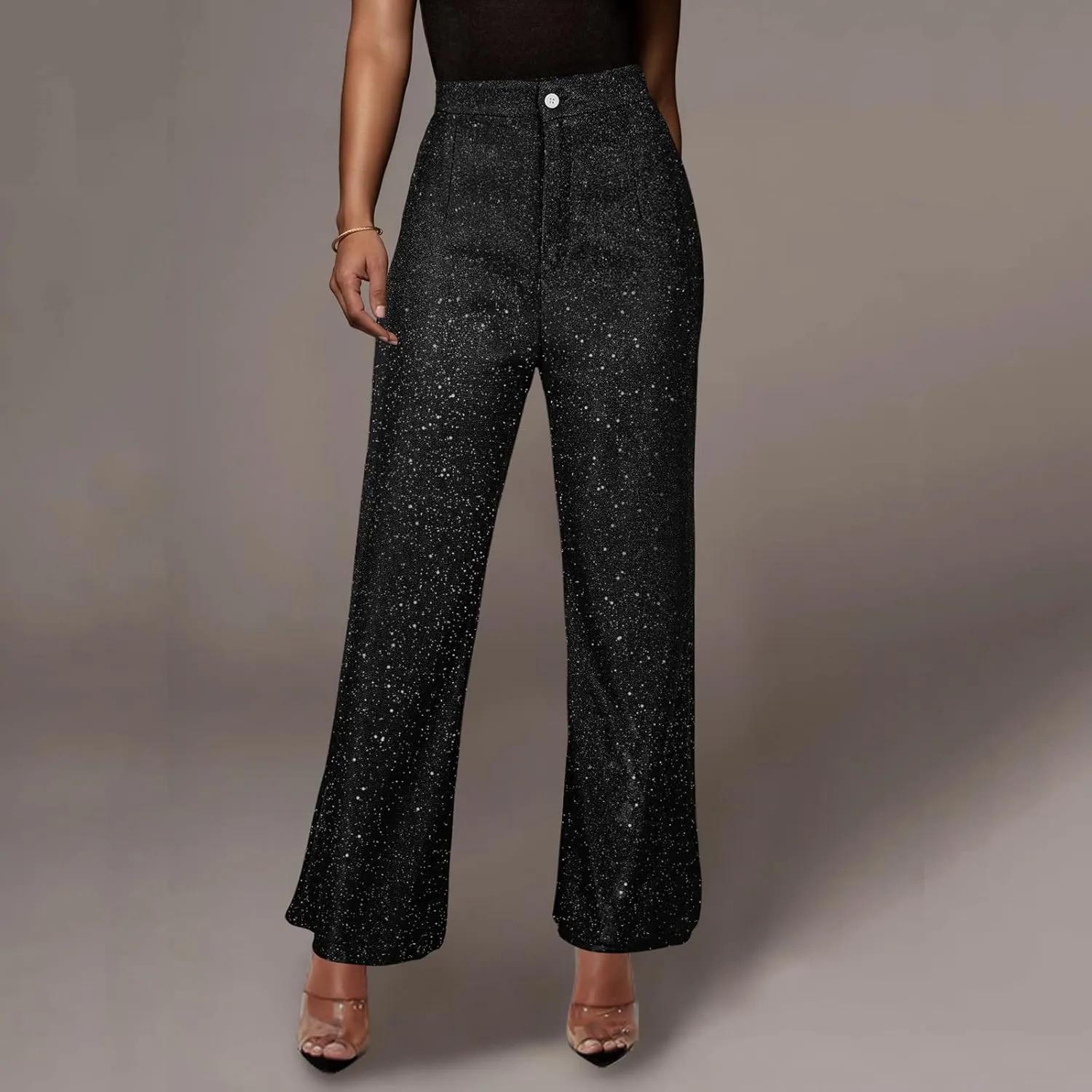 Sequin Pants Women Sparkly Glitter High Waisted Wide Leg Flare Trousers Bell Bottom Night Out Clubwear Party Pants