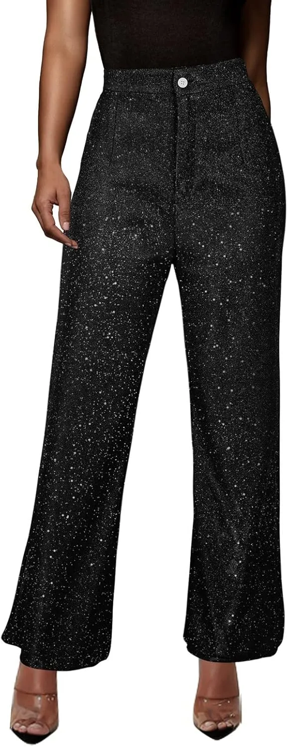 Sequin Pants Women Sparkly Glitter High Waisted Wide Leg Flare Trousers Bell Bottom Night Out Clubwear Party Pants