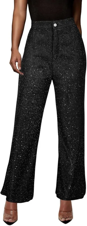 Sequin Pants Women Sparkly Glitter High Waisted Wide Leg Flare Trousers Bell Bottom Night Out Clubwear Party Pants