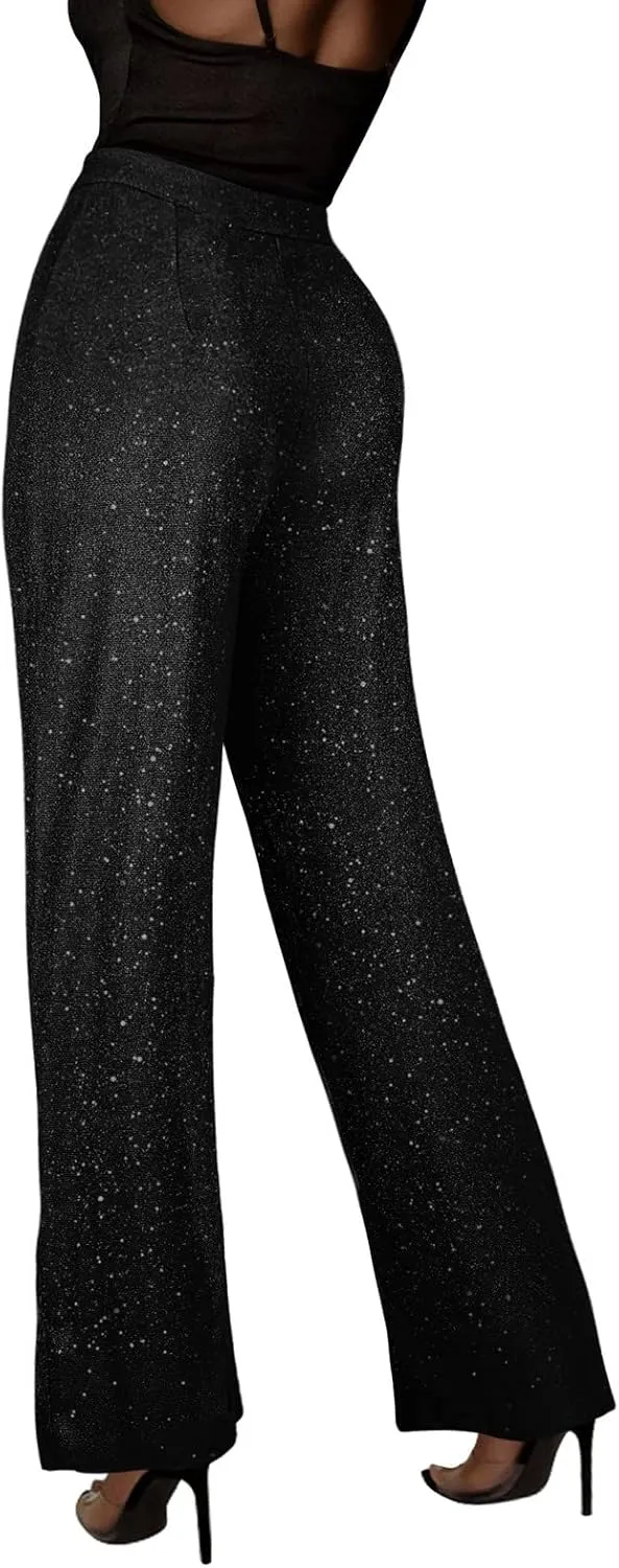 Sequin Pants Women Sparkly Glitter High Waisted Wide Leg Flare Trousers Bell Bottom Night Out Clubwear Party Pants