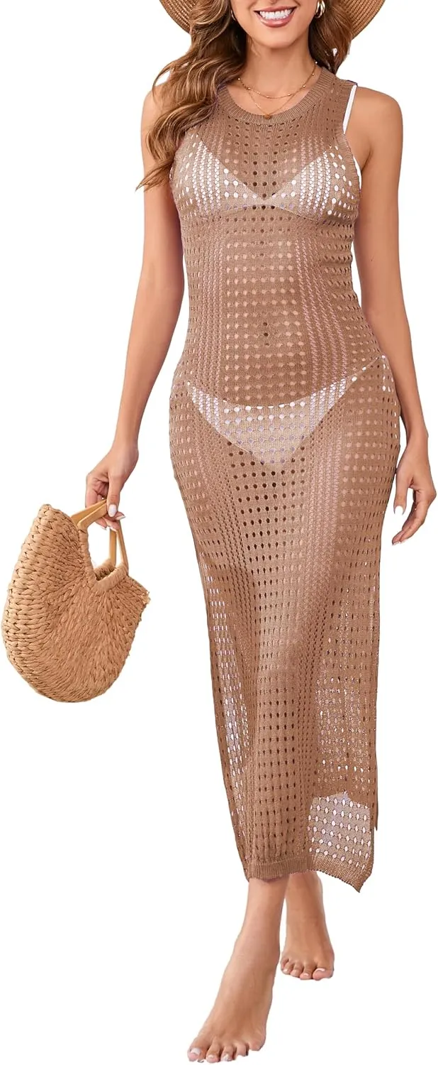 Sexy Cover Ups for Swimwear Women Casual See Through Crochet Mesh Bathing Suit Dress Summer