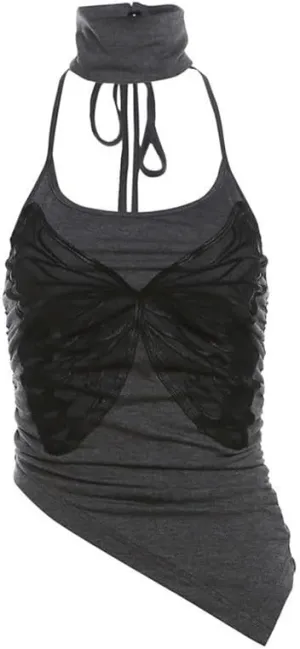 Sexy Strappy Neck Camisole Vest Neckless Tank Tops for Women Lace Decoration Backless Nightclub Top(L)