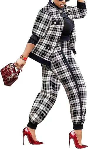 Sexyshine Women's Casual 2 Piece Outfits Printed Long Sleeve Zip Up Jacket Baggy Long Pants Workout Tracksuit Set Suits