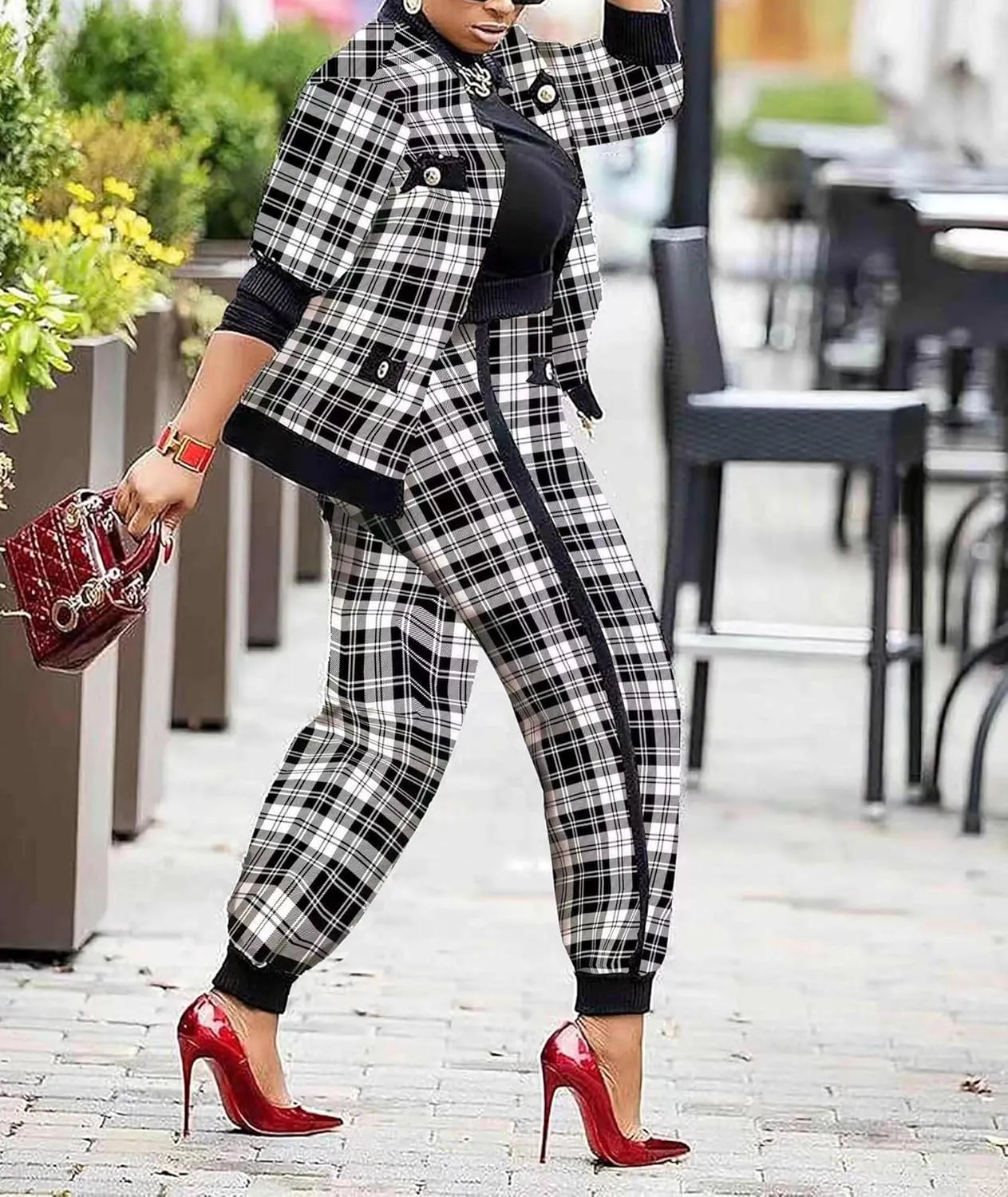 Sexyshine Women's Casual 2 Piece Outfits Printed Long Sleeve Zip Up Jacket Baggy Long Pants Workout Tracksuit Set Suits