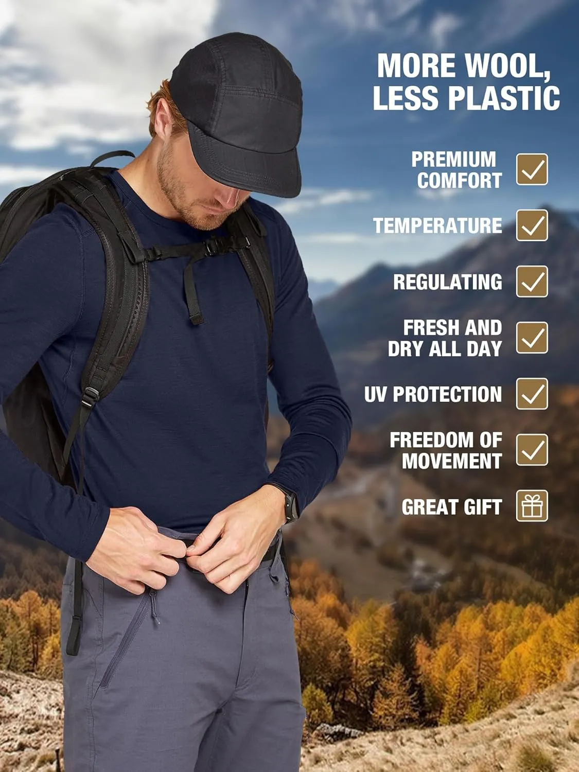 SIORO 100% Merino Wool Base Layer for Men Thermal Underwear Mens Long Sleeve T-Shirt for Hiking Hunting Odor Resistance