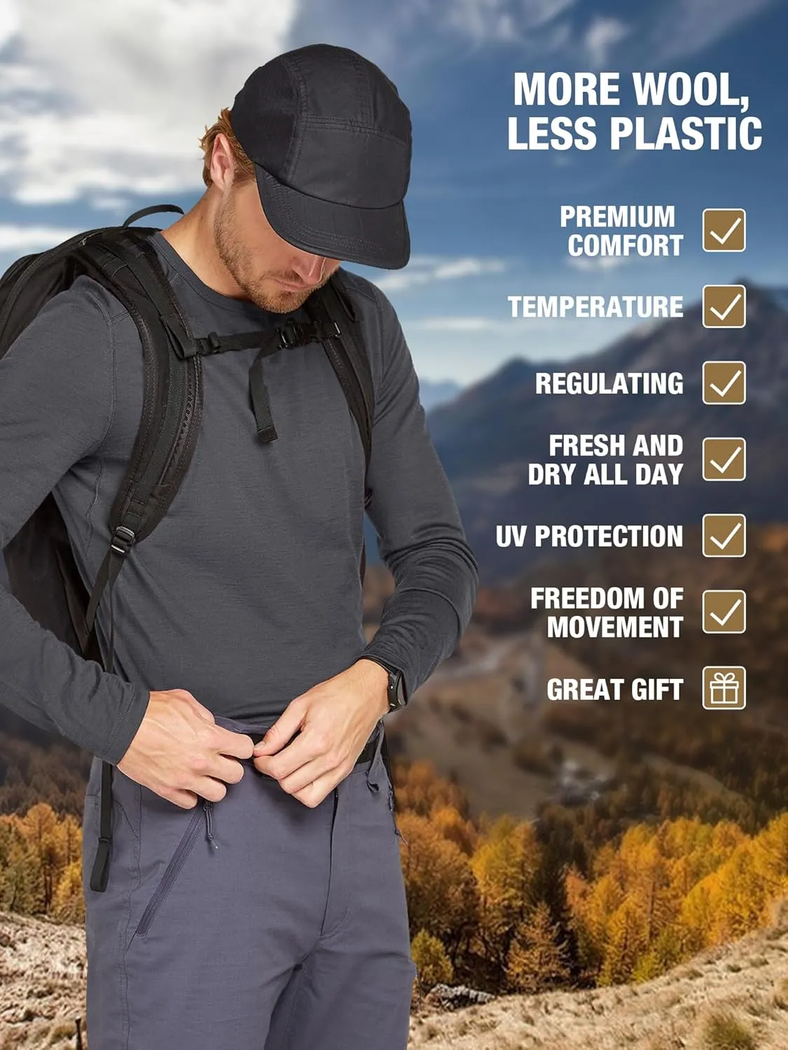 SIORO 100% Merino Wool Base Layer for Men Thermal Underwear Mens Long Sleeve T-Shirt for Hiking Hunting Odor Resistance