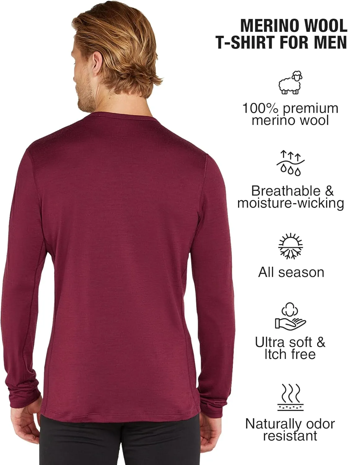 SIORO 100% Merino Wool Base Layer for Men Thermal Underwear Mens Long Sleeve T-Shirt for Hiking Hunting Odor Resistance
