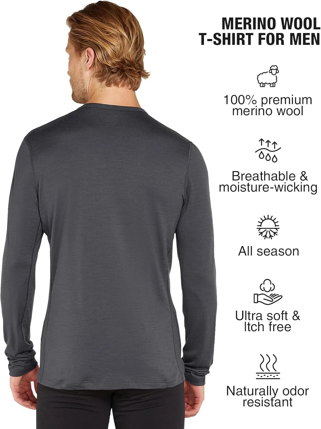 SIORO 100% Merino Wool Base Layer for Men Thermal Underwear Mens Long Sleeve T-Shirt for Hiking Hunting Odor Resistance