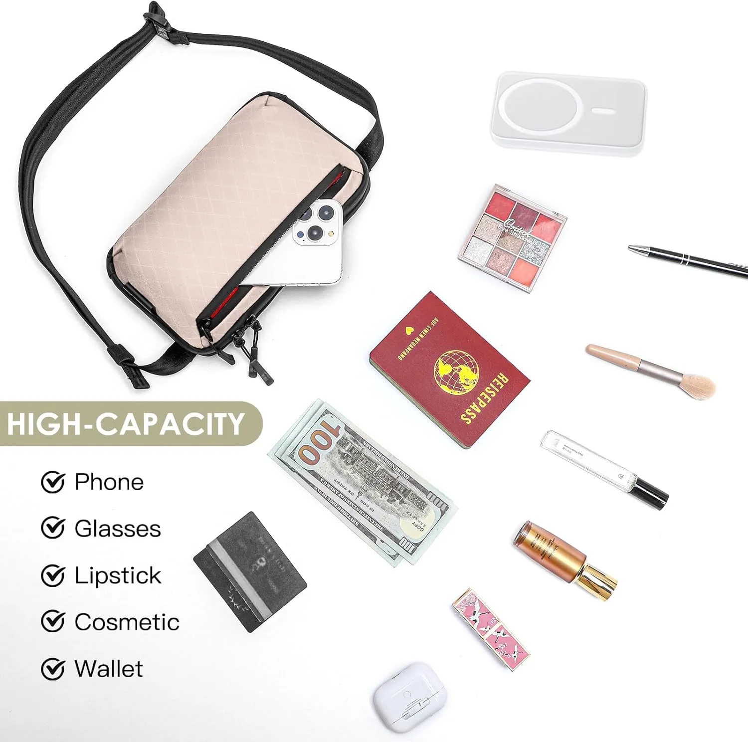 Small Crossbody Bag for Women, Vegan Waterproof Shoulder Purse with Nylon Diamond Quilted Fabric, Polyester 900D Backing