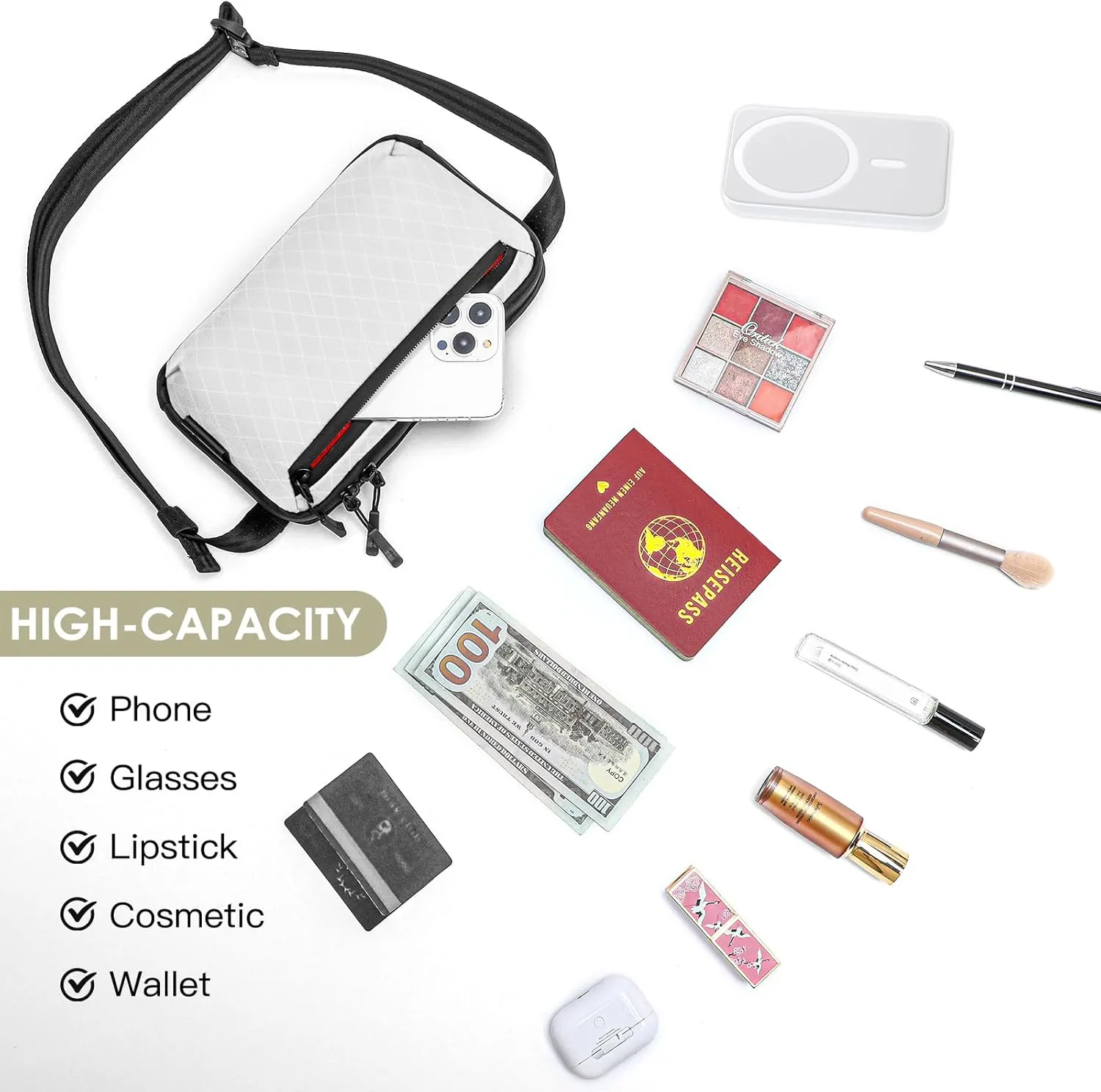 Small Crossbody Bag for Women, Vegan Waterproof Shoulder Purse with Nylon Diamond Quilted Fabric, Polyester 900D Backing