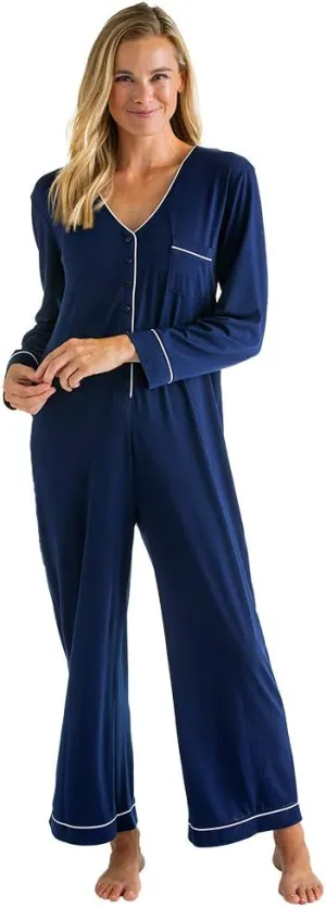 Softies Women Long Sleeve Onesie with Contrast Piping with Button-up Front, Ultra Soft Fabric, Perfect Loungewear & Sleepwear