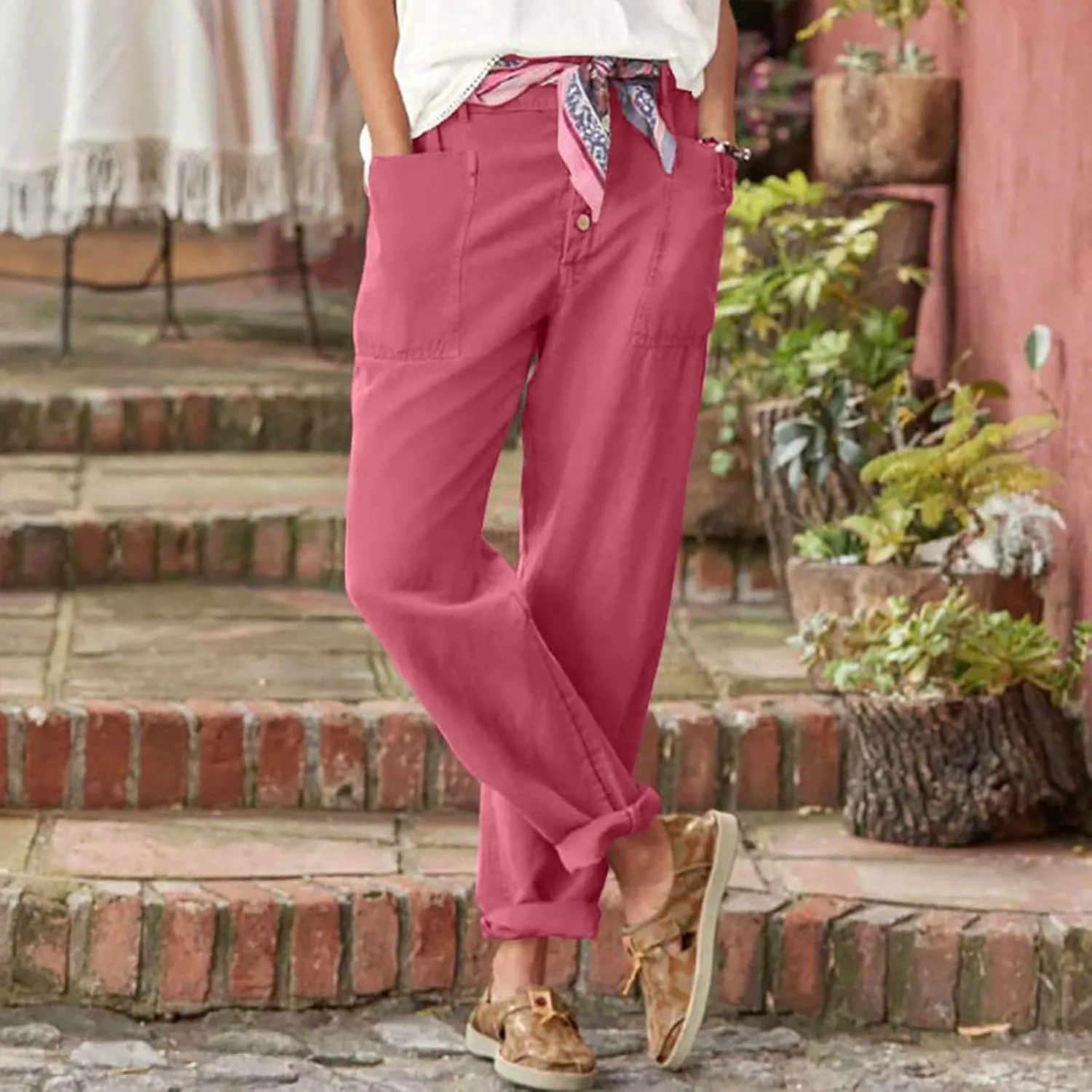 Straight Leg Trousers for Women High Waisted Button Down Linen Pants Vintage Lightweight Solid Dress Pants with Pockets
