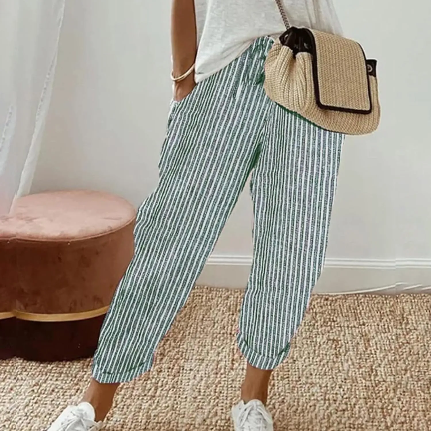 Striped Linen Pants Women Casual High Waisted Wide Leg Cropped Pants Summer Boho Gauze Capri Pant with Pockets