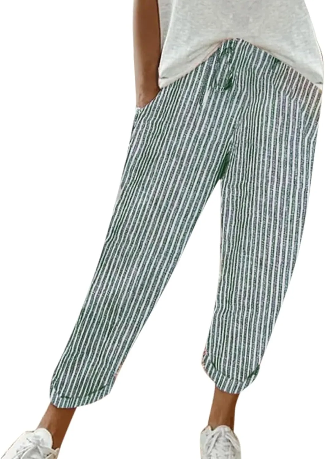 Striped Linen Pants Women Casual High Waisted Wide Leg Cropped Pants Summer Boho Gauze Capri Pant with Pockets