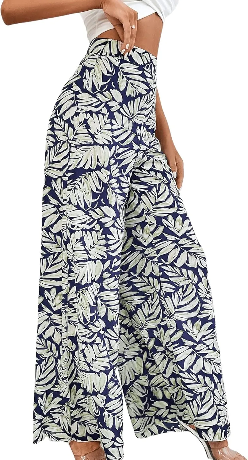 SweatyRocks Women's Boho Floral Print High Waist Wide Leg Pants Loose Fit Trousers