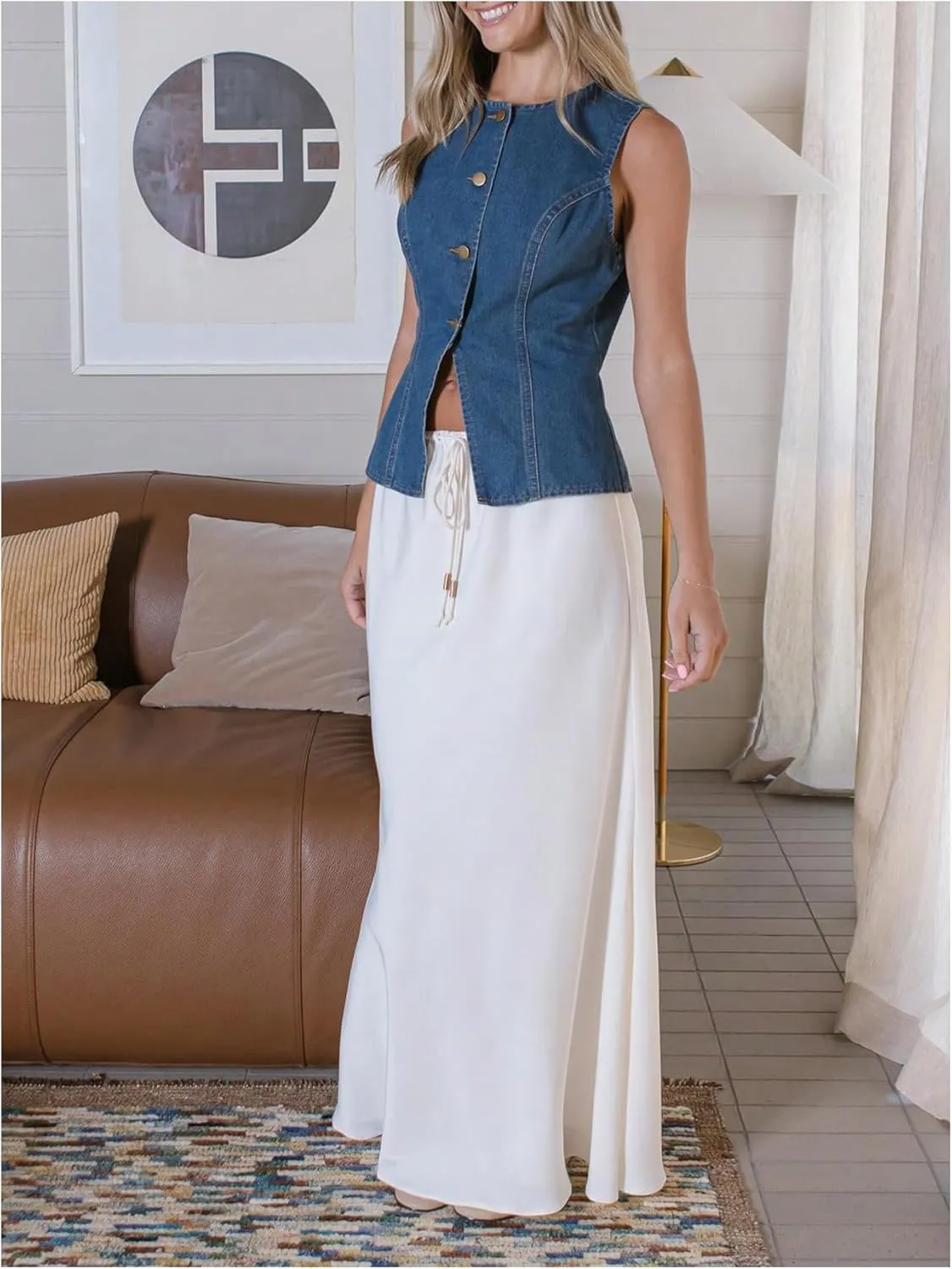 SweatyRocks Women's Denim Vest Button Down Jean Tank Top Sleeveless Crewneck Split Tops