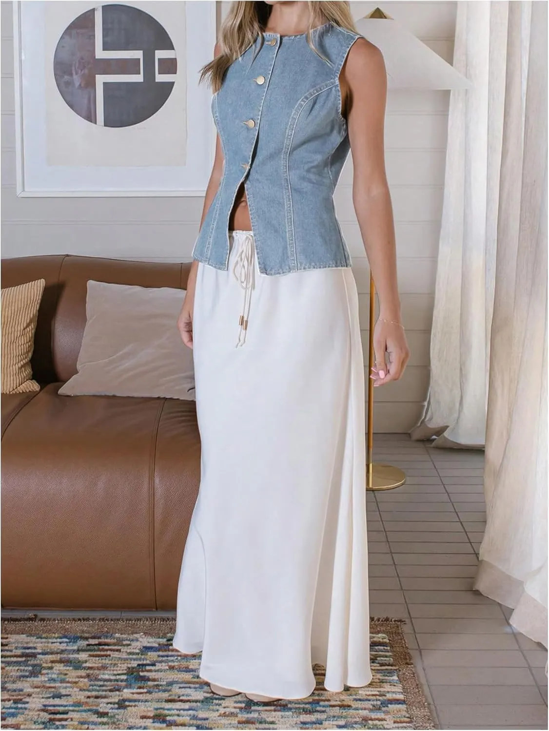 SweatyRocks Women's Denim Vest Button Down Jean Tank Top Sleeveless Crewneck Split Tops