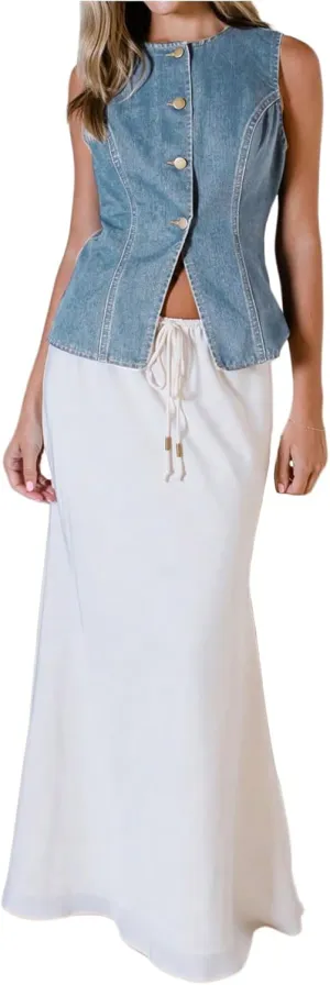 SweatyRocks Women's Denim Vest Button Down Jean Tank Top Sleeveless Crewneck Split Tops
