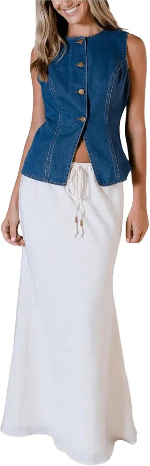 SweatyRocks Women's Denim Vest Button Down Jean Tank Top Sleeveless Crewneck Split Tops