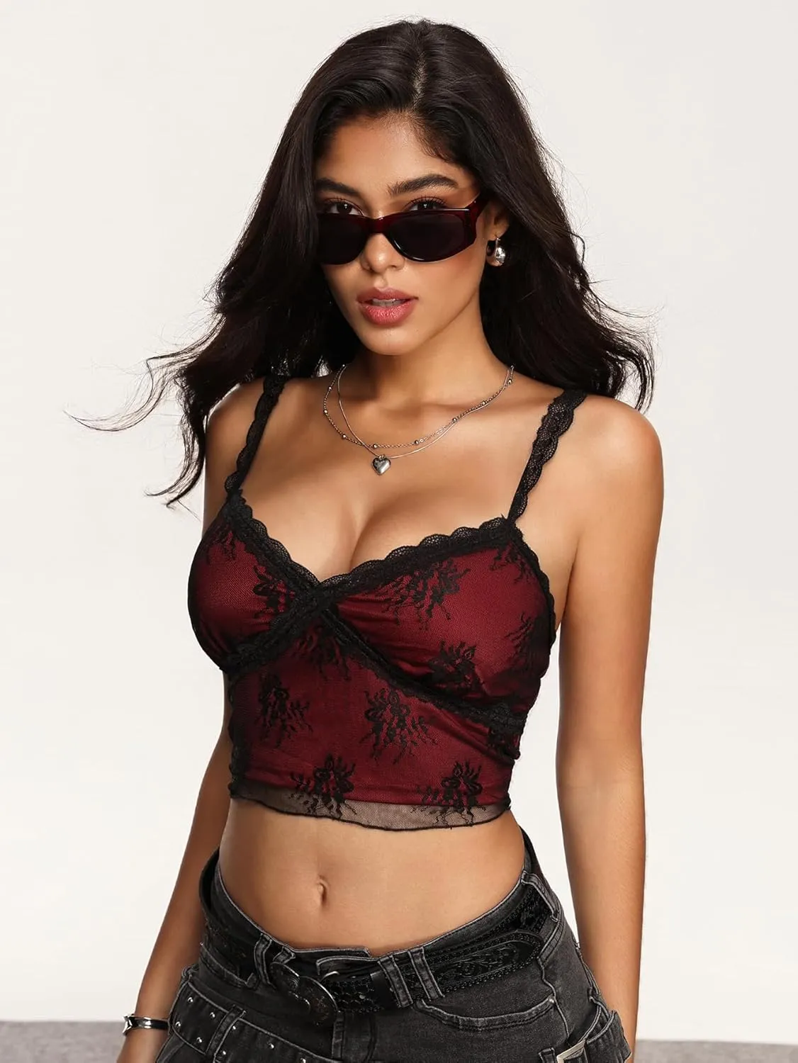 SweatyRocks Women's Lace Patchwork Spaghetti Strap Crop Cami Cute Ribbed Knit Slim Fit V Neck Camisole Tank Tops
