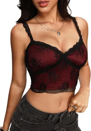 SweatyRocks Women's Lace Patchwork Spaghetti Strap Crop Cami Cute Ribbed Knit Slim Fit V Neck Camisole Tank Tops