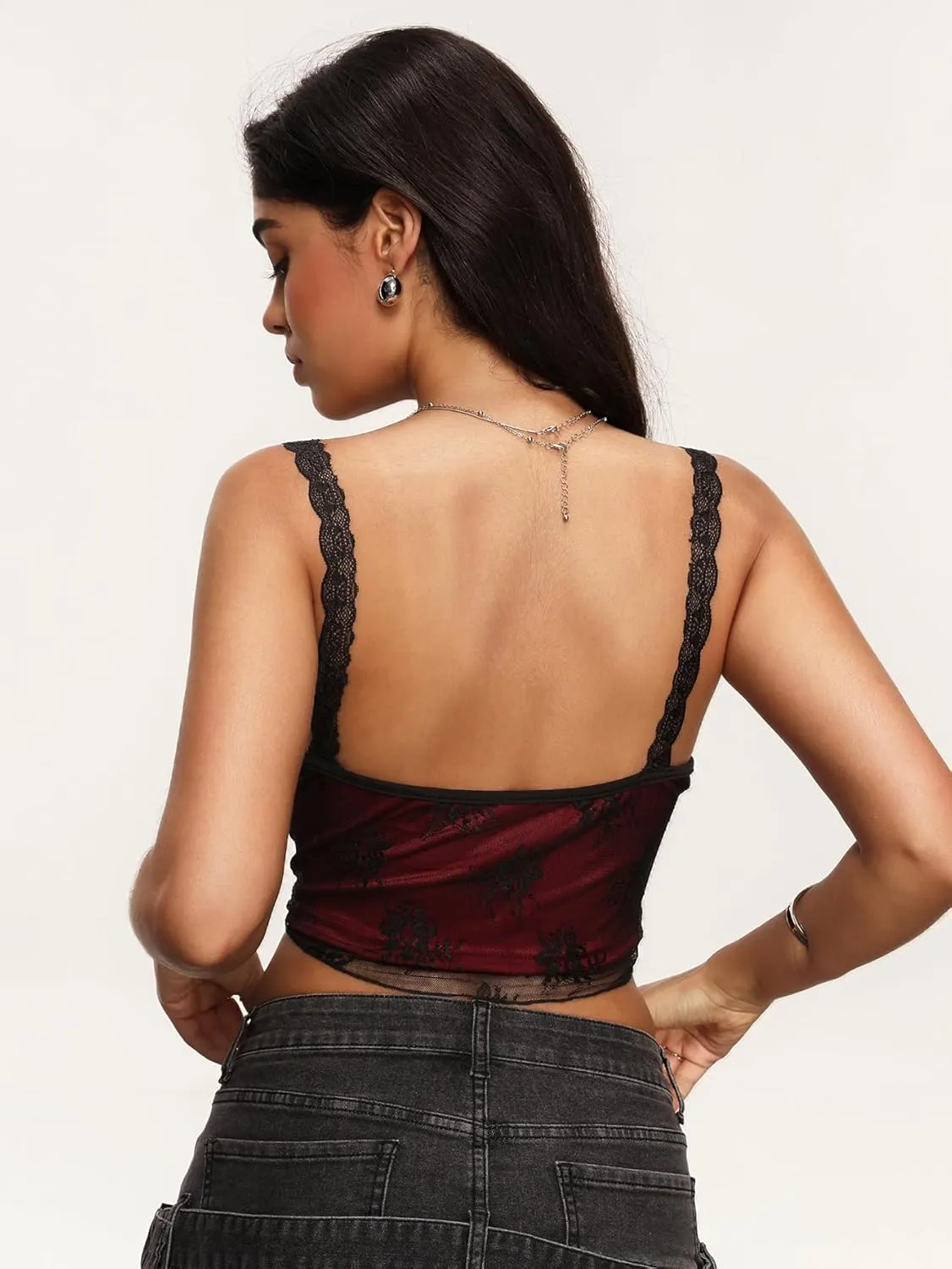 SweatyRocks Women's Lace Patchwork Spaghetti Strap Crop Cami Cute Ribbed Knit Slim Fit V Neck Camisole Tank Tops