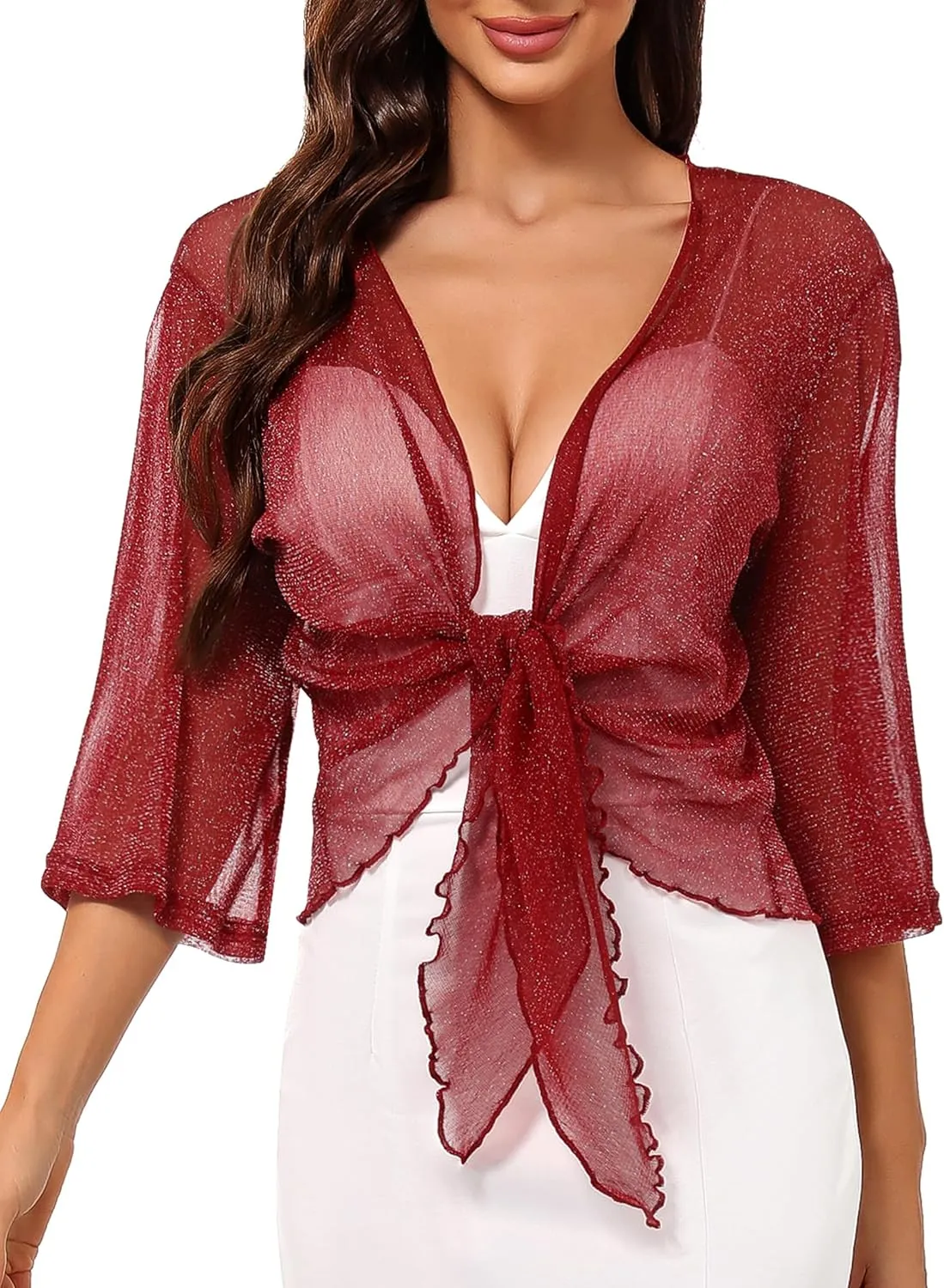 Totatuit Womens Shiny Sheer 3/4 Sleeve Shrug Tie Bolero Top Open Front Mesh Cardigan Lightweight