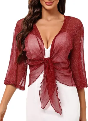 Totatuit Womens Shiny Sheer 3/4 Sleeve Shrug Tie Bolero Top Open Front Mesh Cardigan Lightweight