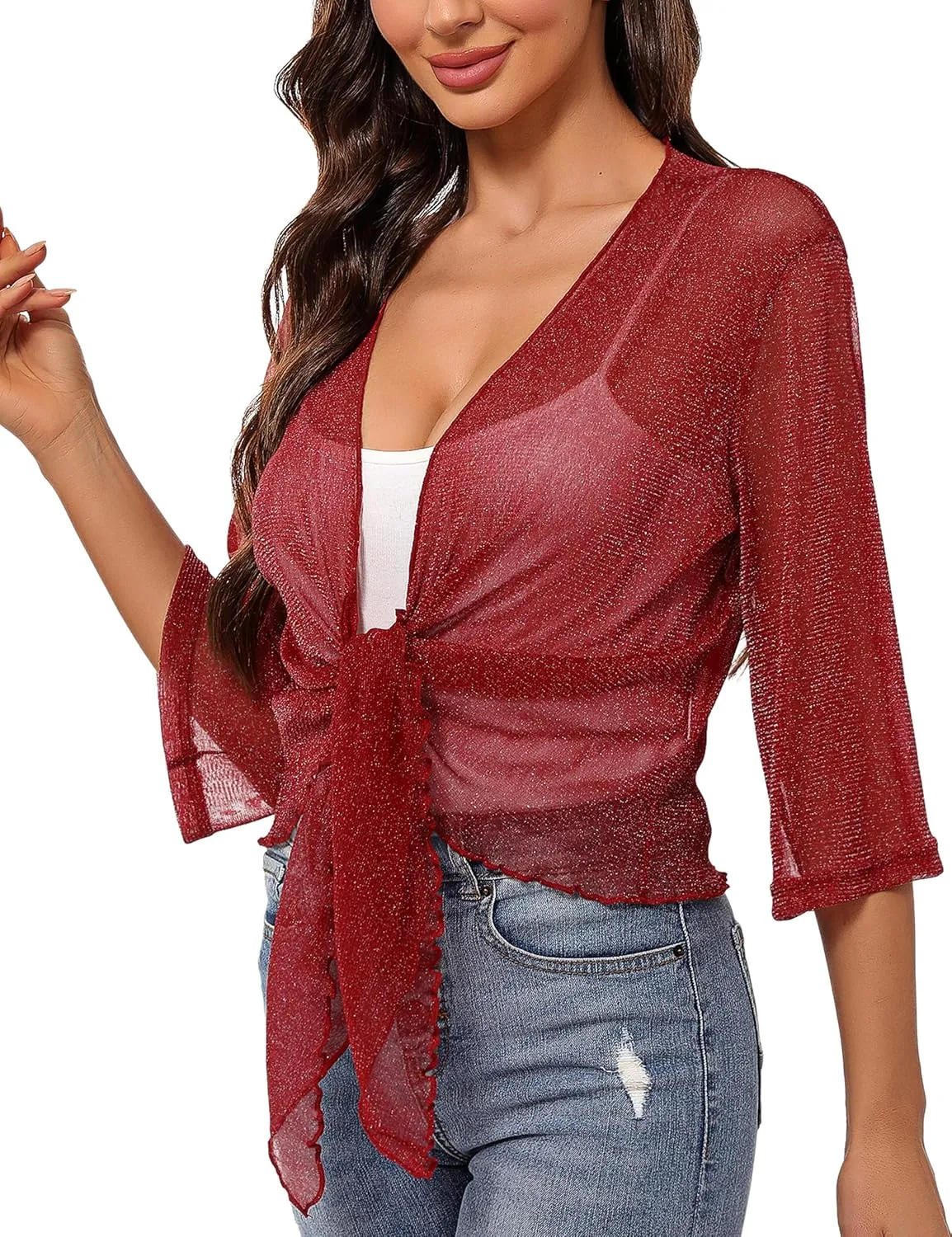 Totatuit Womens Shiny Sheer 3/4 Sleeve Shrug Tie Bolero Top Open Front Mesh Cardigan Lightweight