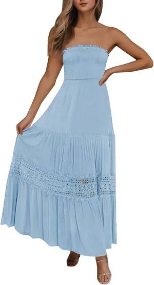 Tube Dresses For Women Maxi 2025 Summer Bohemian Strapless Sundress Off Shoulder Lace Trim Flowy A Line Beach Dress
